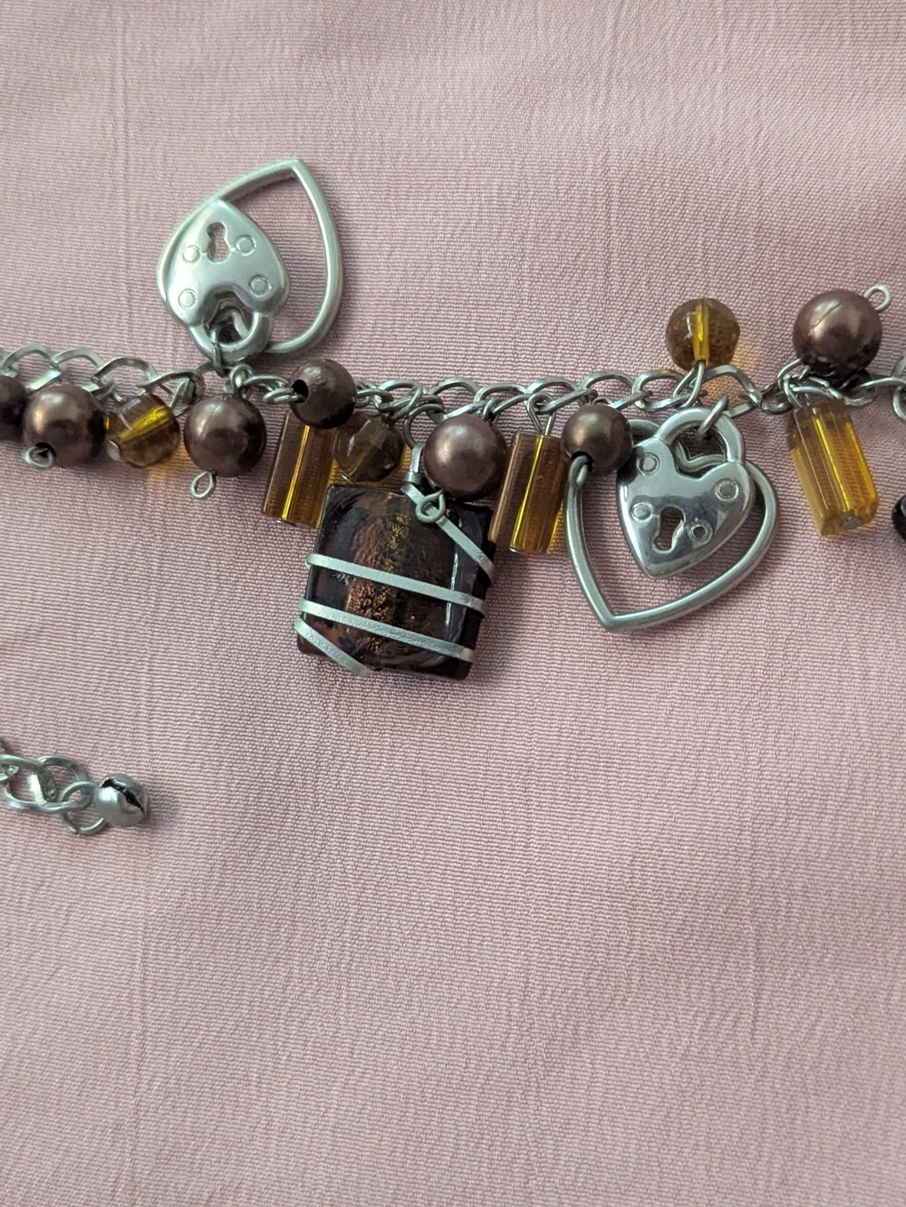 Silver Heart Charm and Brown Bead Bracelet